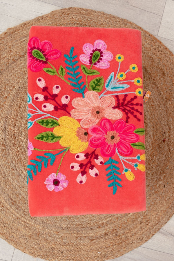 Carraig Donn Coral Velvet Embroidered Floral Foot Stool
