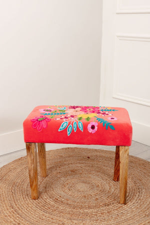 Carraig Donn Coral Velvet Embroidered Floral Foot Stool