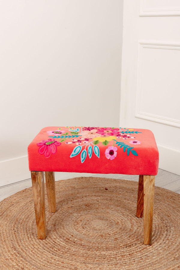 Carraig Donn Coral Velvet Embroidered Floral Foot Stool