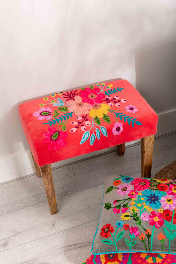 Carraig Donn Coral Velvet Embroidered Floral Foot Stool