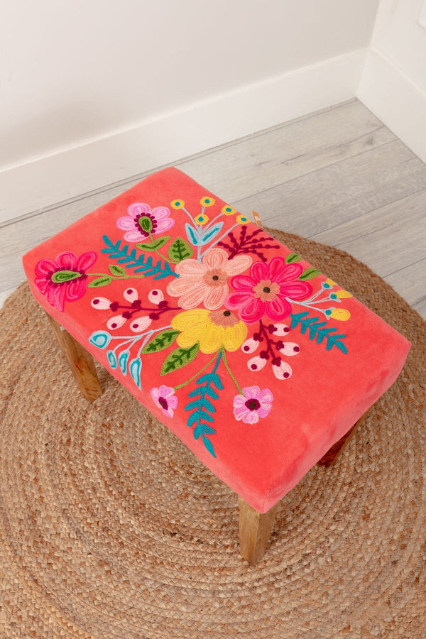 Carraig Donn Coral Velvet Embroidered Floral Foot Stool