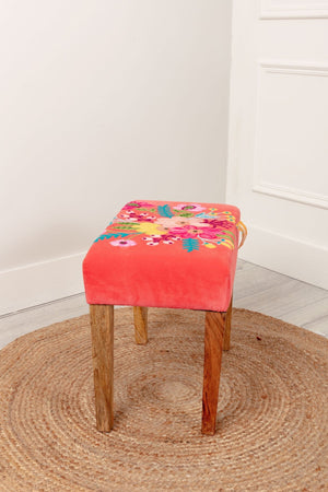 Carraig Donn Coral Velvet Embroidered Floral Foot Stool