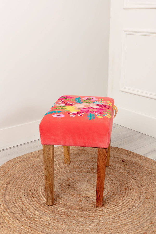 Carraig Donn Coral Velvet Embroidered Floral Foot Stool