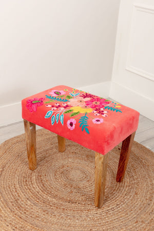 Carraig Donn Coral Velvet Embroidered Floral Foot Stool