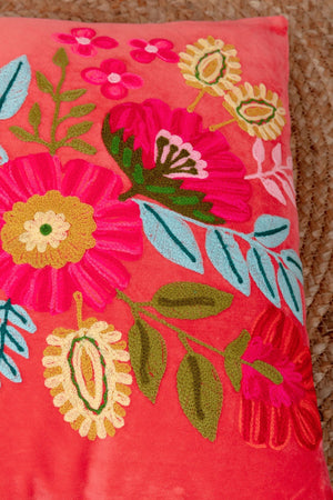 Carraig Donn Coral Velvet Floral Embroidered Cushion