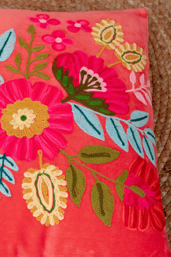 Carraig Donn Coral Velvet Floral Embroidered Cushion