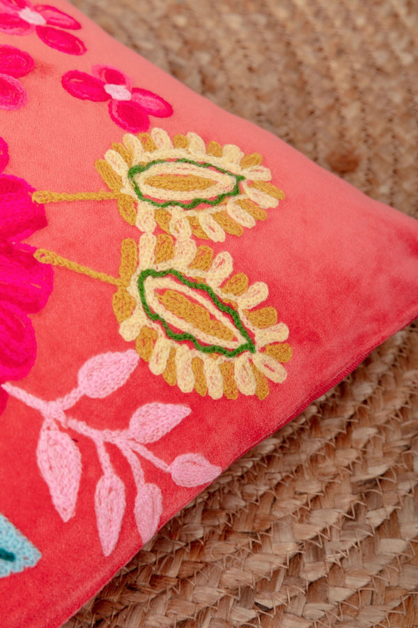 Carraig Donn Coral Velvet Floral Embroidered Cushion