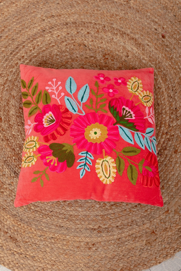 Carraig Donn Coral Velvet Floral Embroidered Cushion