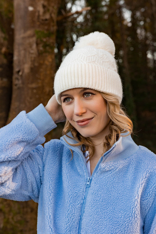 Carraig Donn Cream Cable Knit Beanie with Pom