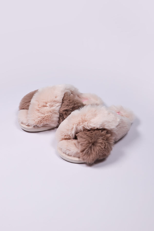 Carraig Donn Cream Faux Fur Contrast Slippers