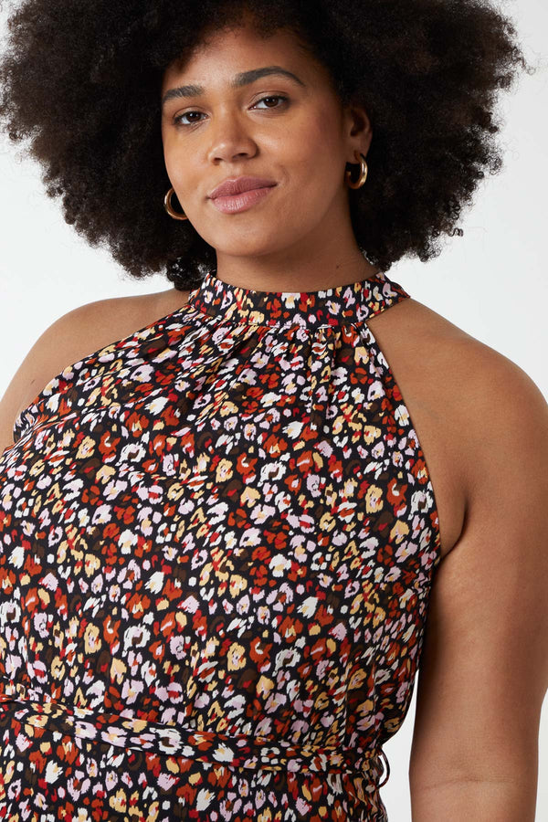 Carraig Donn Curve - Halter Neck Maxi Dress in Black Print