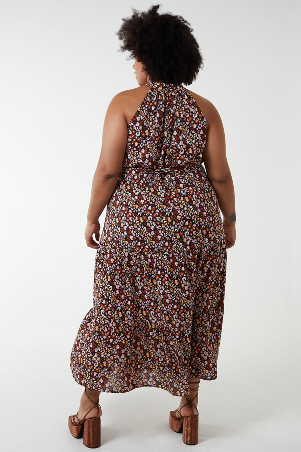 Carraig Donn Curve - Halter Neck Maxi Dress in Black Print