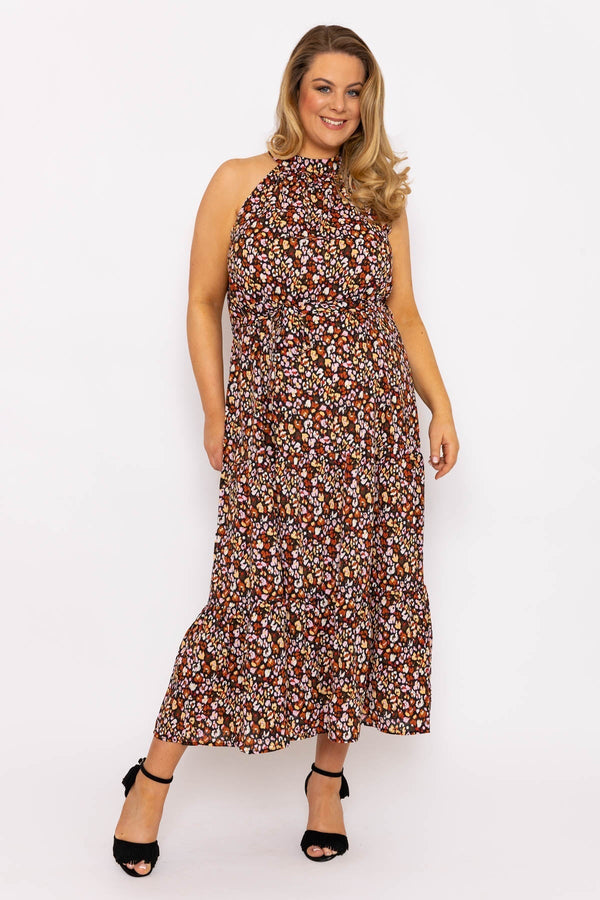 Carraig Donn Curve - Halter Neck Maxi Dress in Black Print
