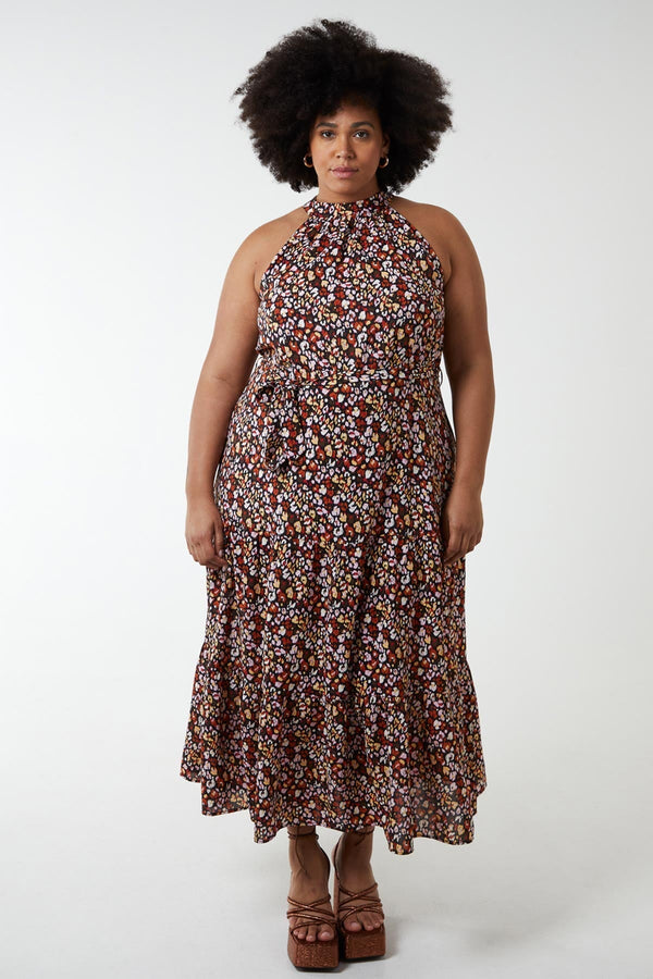 Carraig Donn Curve - Halter Neck Maxi Dress in Black Print