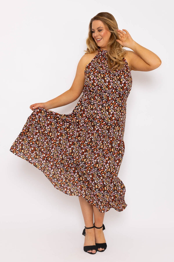 Carraig Donn Curve - Halter Neck Maxi Dress in Black Print