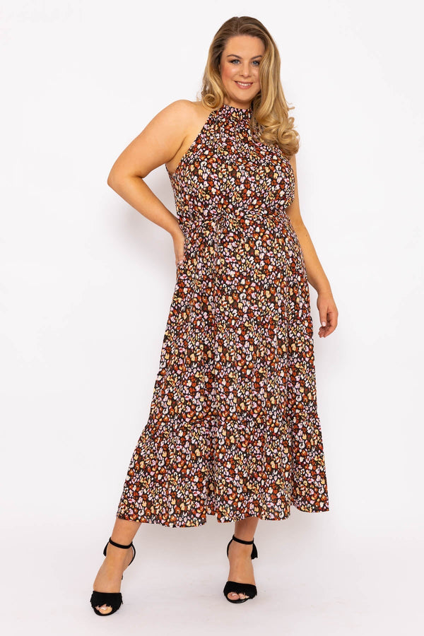 Carraig Donn Curve - Halter Neck Maxi Dress in Black Print