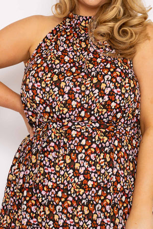 Carraig Donn Curve - Halter Neck Maxi Dress in Black Print