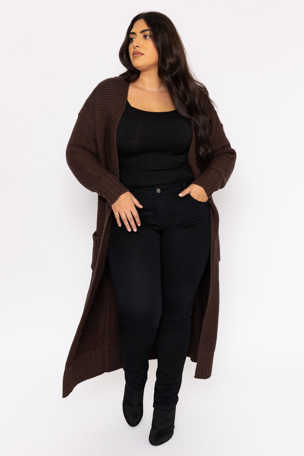 Carraig Donn Curve - Long Belted Cardigan in Brown