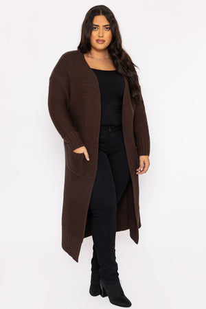 Carraig Donn Curve - Long Belted Cardigan in Brown