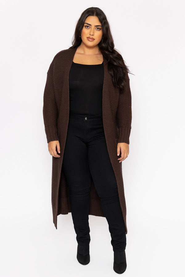 Carraig Donn Curve - Long Belted Cardigan in Brown