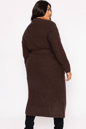 Carraig Donn Curve - Long Belted Cardigan in Brown
