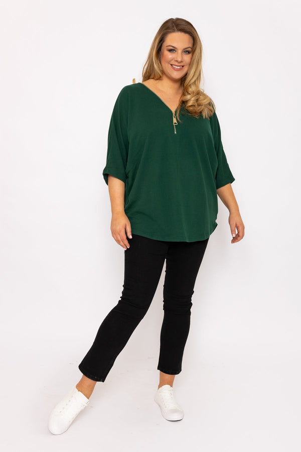 Carraig Donn Curve - Plain Zip Front Top in Green