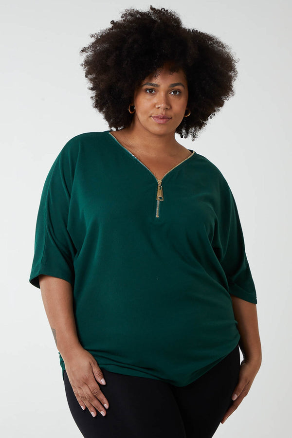 Carraig Donn Curve - Plain Zip Front Top in Green