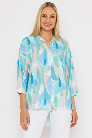 Carraig Donn Dipped Hem Top in Blue Print