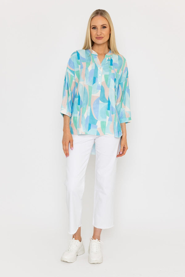Carraig Donn Dipped Hem Top in Blue Print
