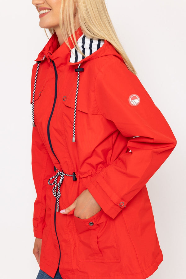 Carraig Donn Drawstring Jacket With Stripe Lining in Red