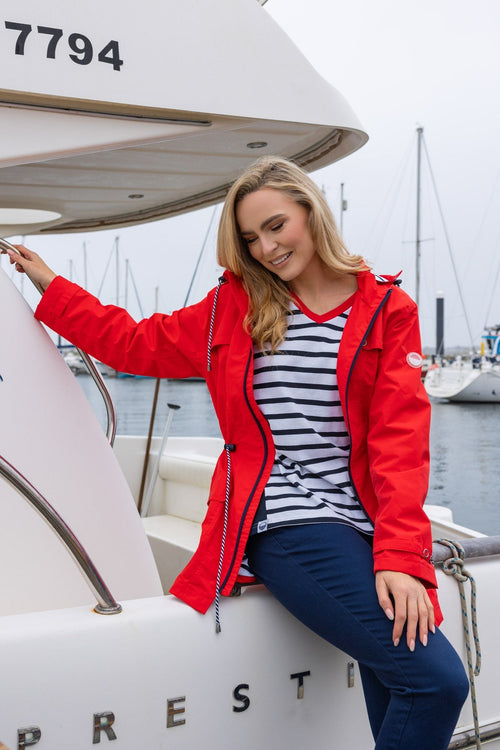 Carraig Donn Drawstring Jacket With Stripe Lining in Red