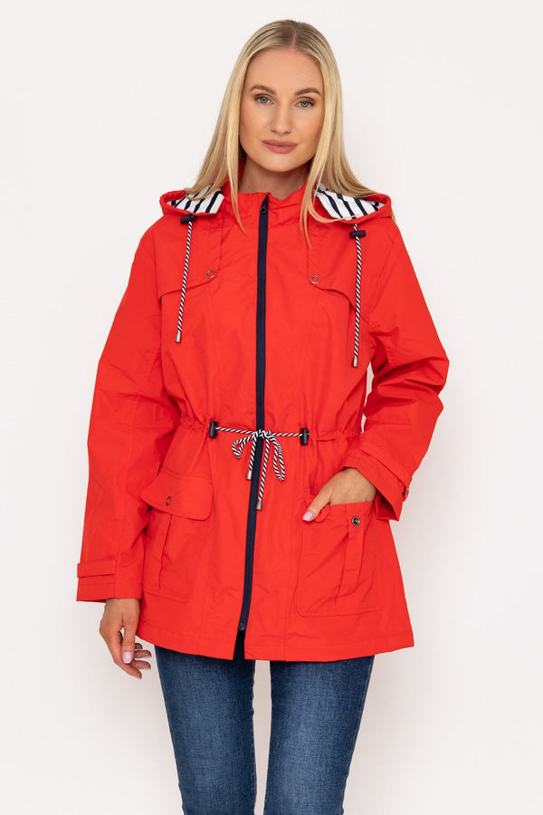 Carraig Donn Drawstring Jacket With Stripe Lining in Red