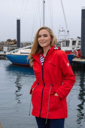 Carraig Donn Drawstring Jacket With Stripe Lining in Red