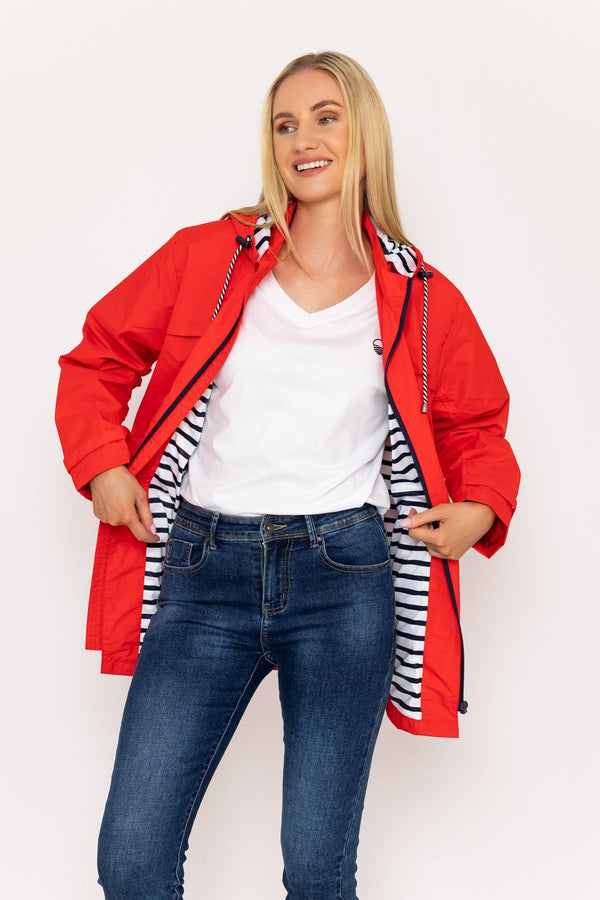 Carraig Donn Drawstring Jacket With Stripe Lining in Red
