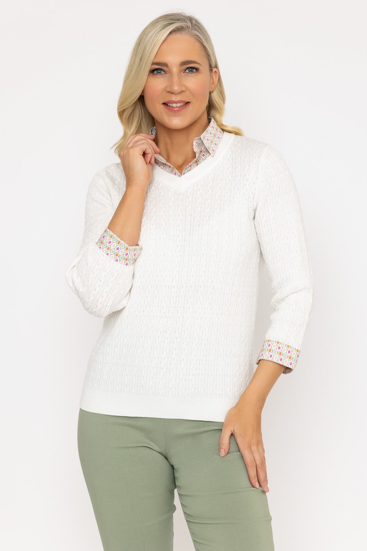 Ecru Cable Knit Sweater With Shirt Collar & Cuffs