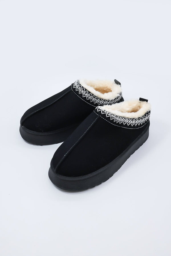 Carraig Donn Faux Fur Cosy Slippers in Black