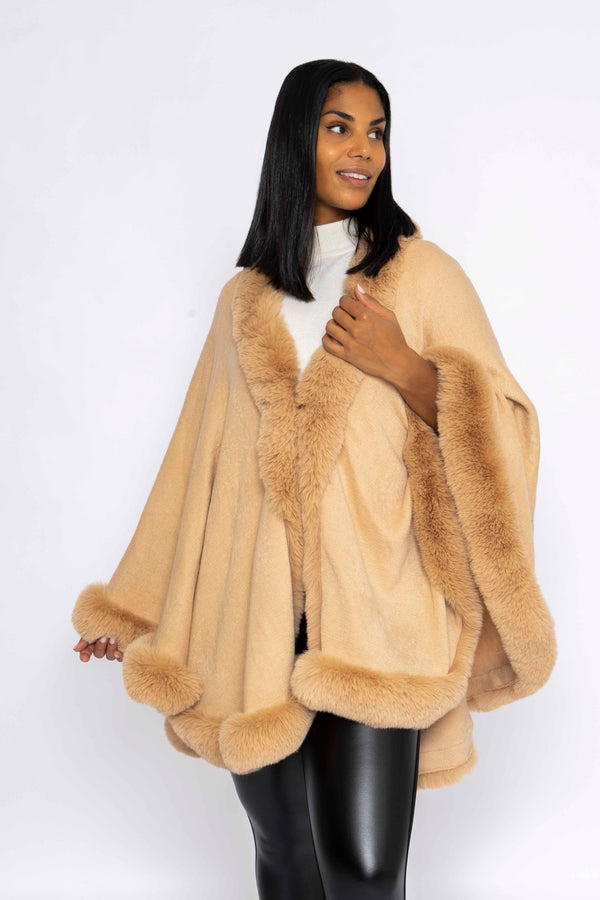 Carraig Donn Faux Fur Trim Wrap in Camel