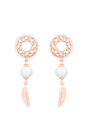 Carraig Donn Feather & Pearl Boho Earrings In Rose Gold