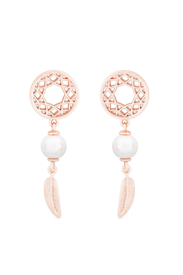 Carraig Donn Feather & Pearl Boho Earrings In Rose Gold
