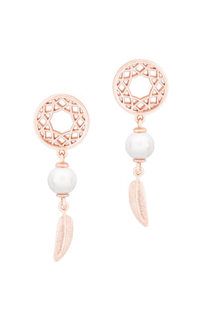 Carraig Donn Feather & Pearl Boho Earrings In Rose Gold