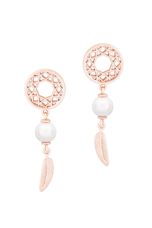 Feather & Pearl Boho Earrings In Rose Gold