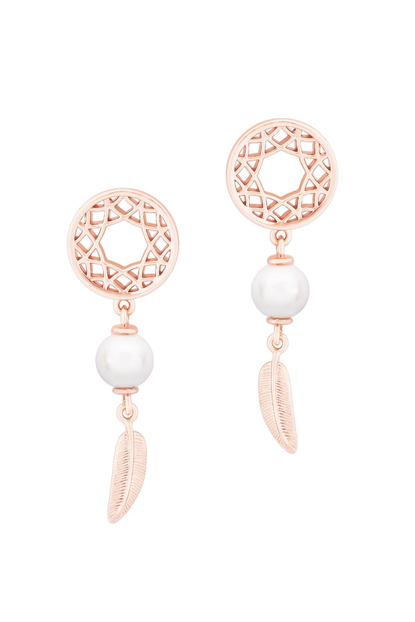 Carraig Donn Feather & Pearl Boho Earrings In Rose Gold