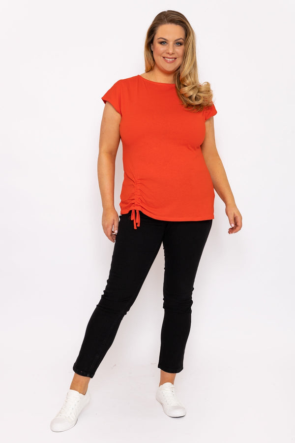 Carraig Donn Gathered Hem Short Sleeve Top in Red