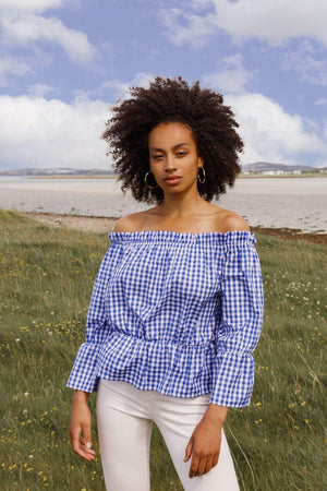 Carraig Donn Gingham Bardot Top in Blue