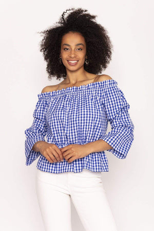 Carraig Donn Gingham Bardot Top in Blue