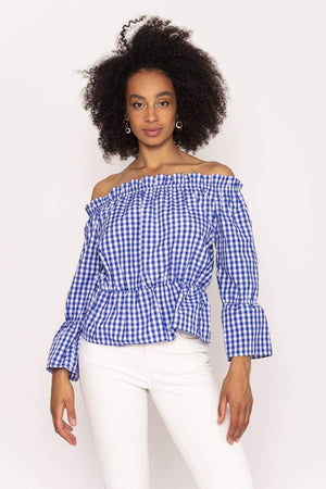 Carraig Donn Gingham Bardot Top in Blue