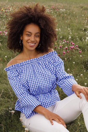 Carraig Donn Gingham Bardot Top in Blue