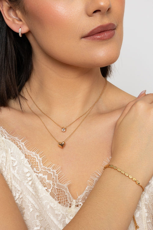 Gold Duo Heart & Solitaire Necklace