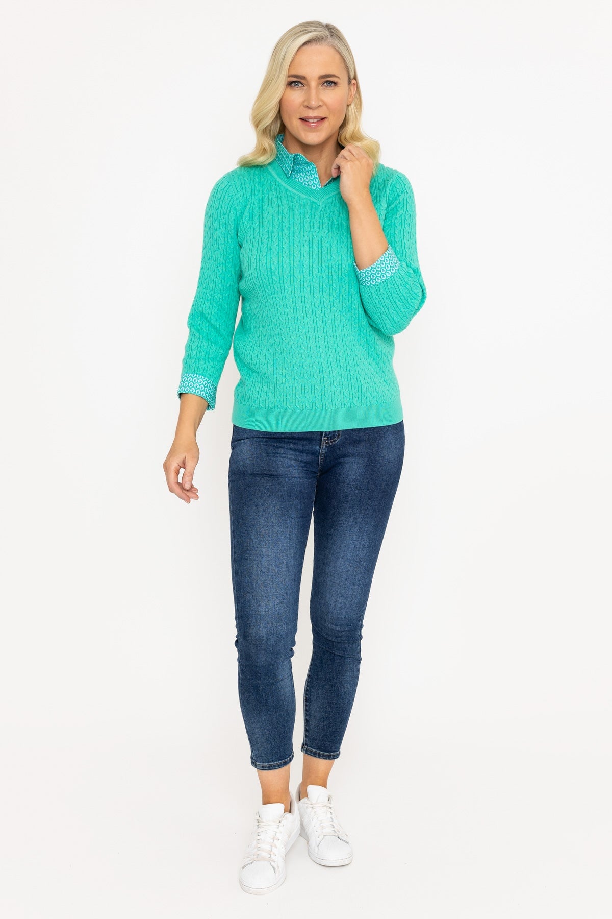 Green Cable Knit Sweater With Shirt Collar