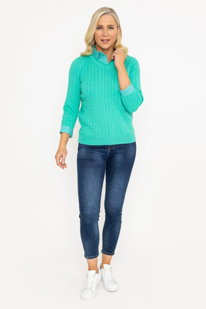 Carraig Donn Green Cable Knit Sweater With Shirt Collar